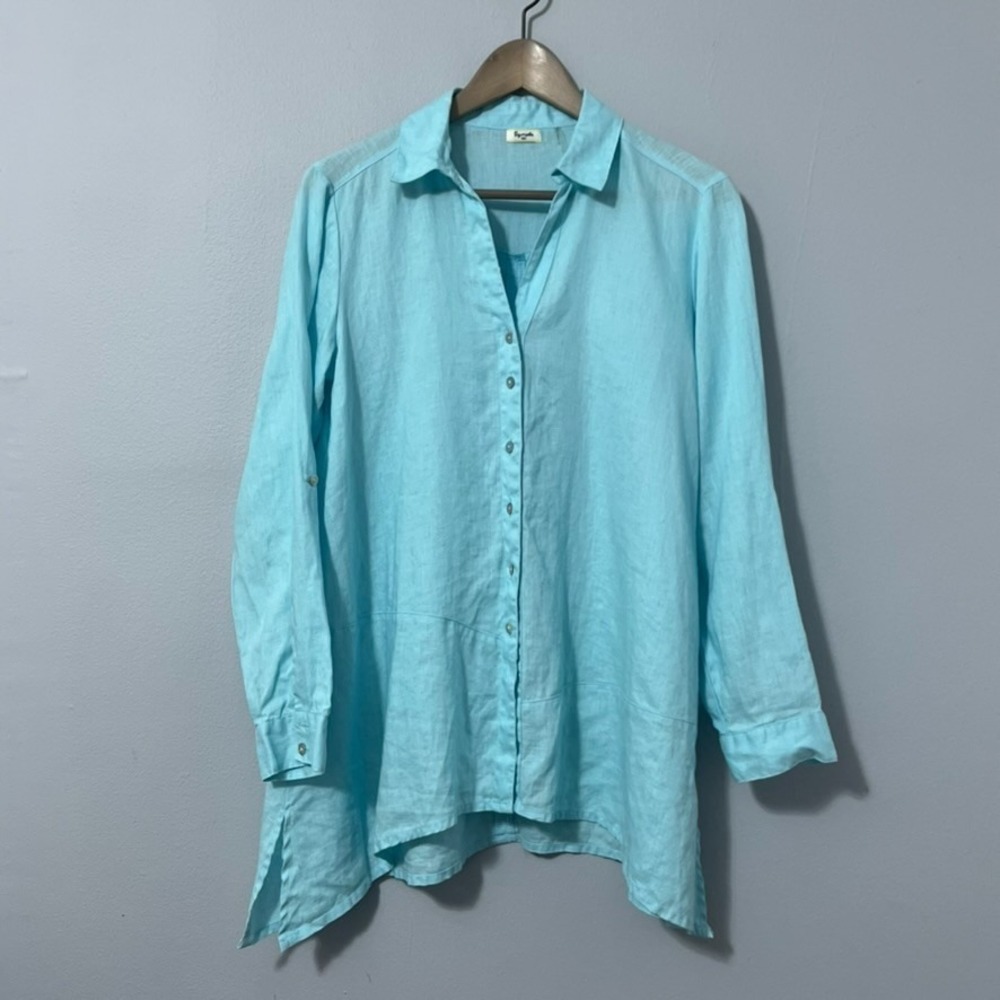 Symple NYC Linen Top Women Medium Aqua Blue Button Front Tunic Boho Relaxed